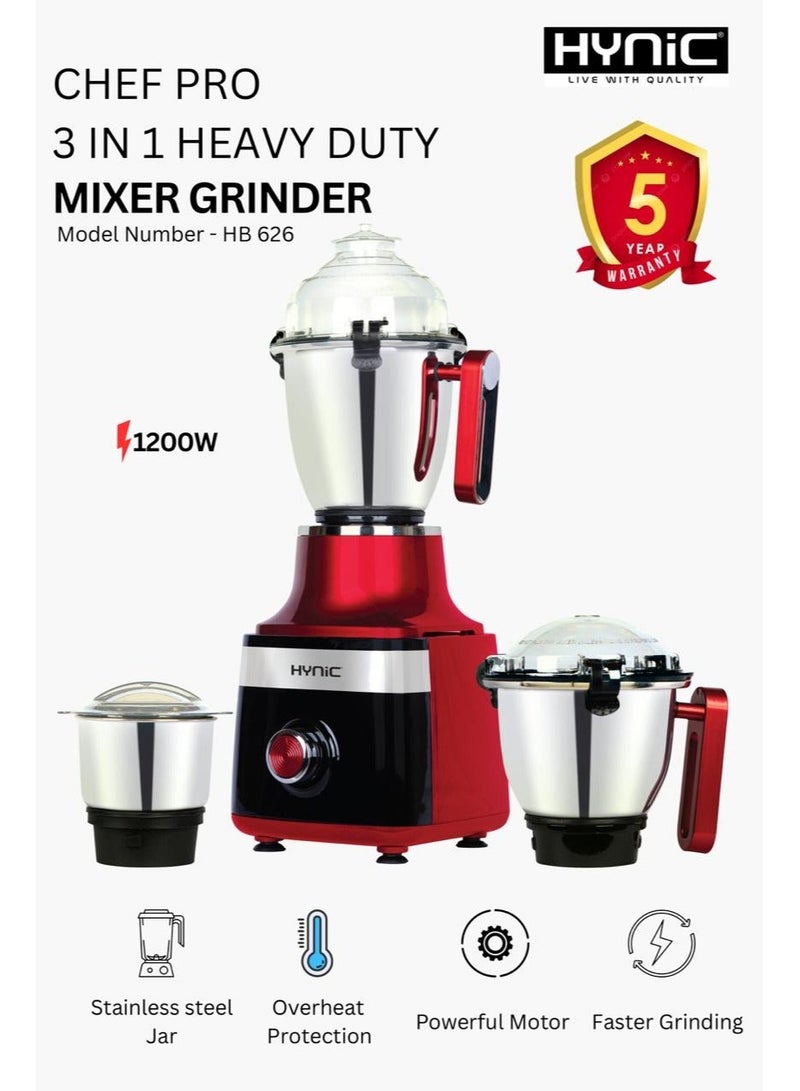 Hynic Chef Pro 1200W Heavy Duty Mixer Grinder | 3 Stainless Steel Jars (1.5L, 1L, 0.4L) with Hands-Free Lid Locks | 100% Copper Motor | 6-Fin Superior Blending Blade & Overload Protection - Image 1